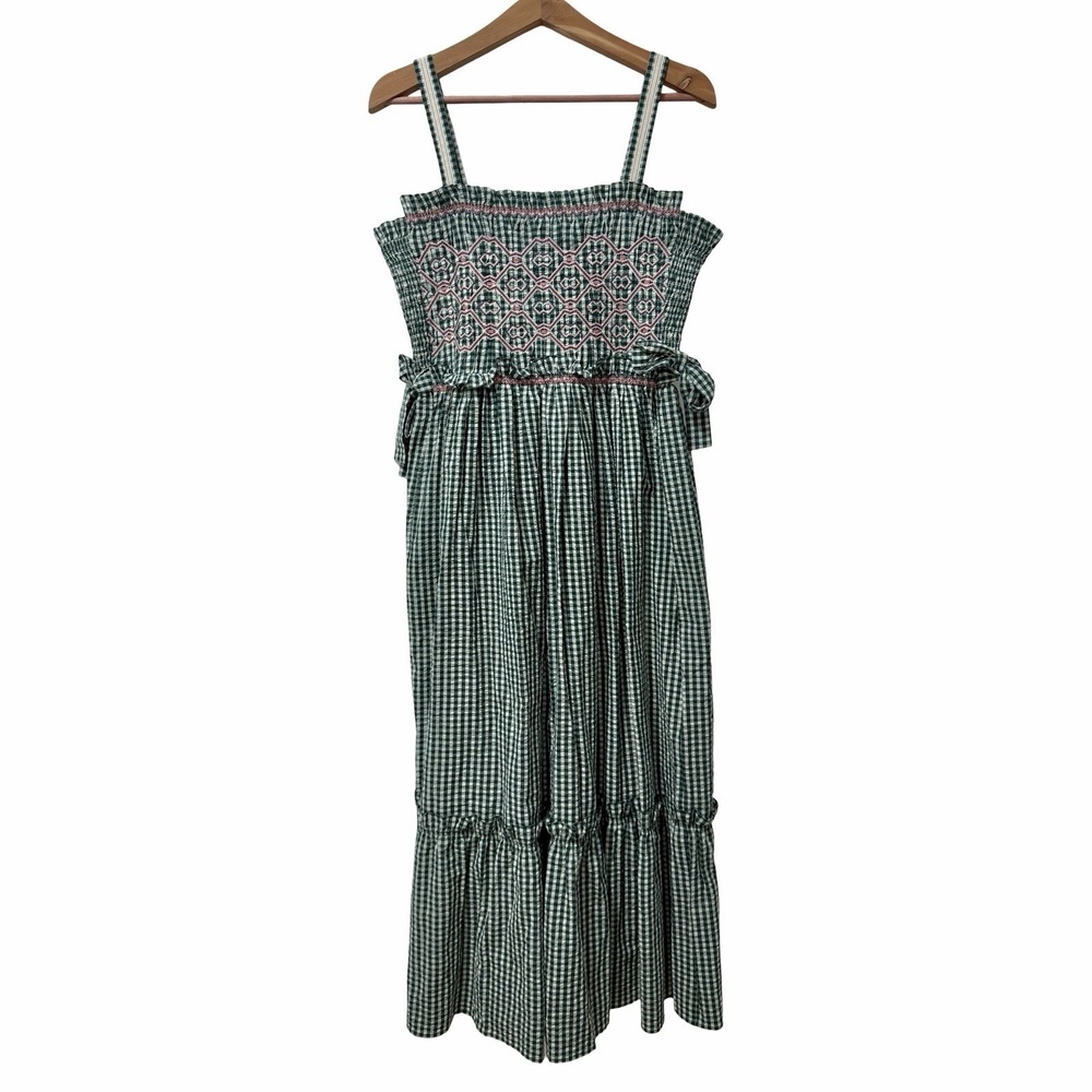 Hunter Bell Larissa Gingham Smocked Embroidered Midi Dress Size L Green White